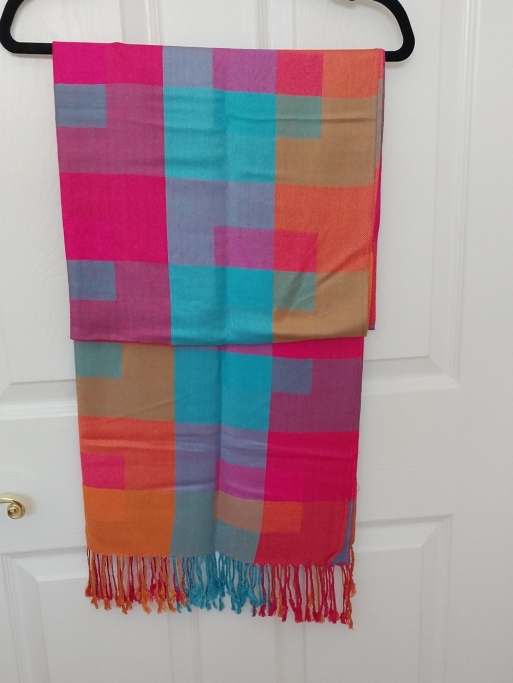 Colorblock Fringe Scarf in Pink, Turquoise, and Orange
